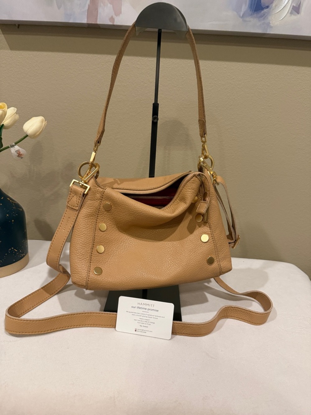 Hammitt Bryant Medium Pebbled Leather Crossbody in Tan w/ Gold Studs & Dust Bag - Picture 4 of 14